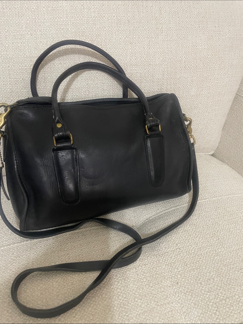 Coach Black Leather Double-Handle Satchel with Crossbody Strap